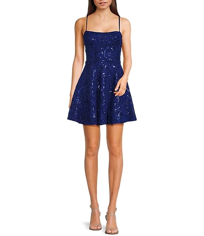 Honey and Rosie Embroidered Sequin Square Neck Spaghetti Strap Criss Cross Back Fit & Flare Dress