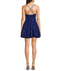 Honey and Rosie Embroidered Sequin Square Neck Spaghetti Strap Criss Cross Back Fit & Flare Dress