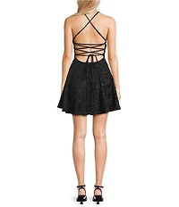 Honey and Rosie Eyelash Embroidered Scuba Crepe Straight Neck Lace Up Back Fit-And-Flare Dress