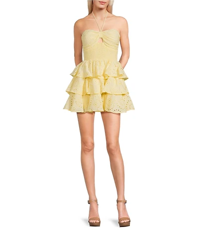 Honey and Rosie Eyelet Embroidered Halter Neck Smocked Tiered Ruffle Dress