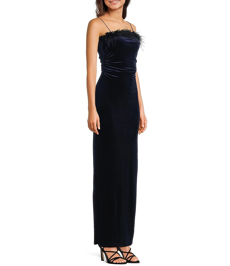 Honey and Rosie Feather Trim Square Neck Long Dress