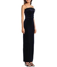 Honey and Rosie Feather Trim Square Neck Long Dress