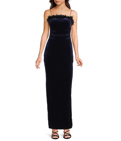 Honey and Rosie Feather Trim Square Neck Long Dress