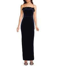 Honey and Rosie Feather Trim Square Neck Long Dress