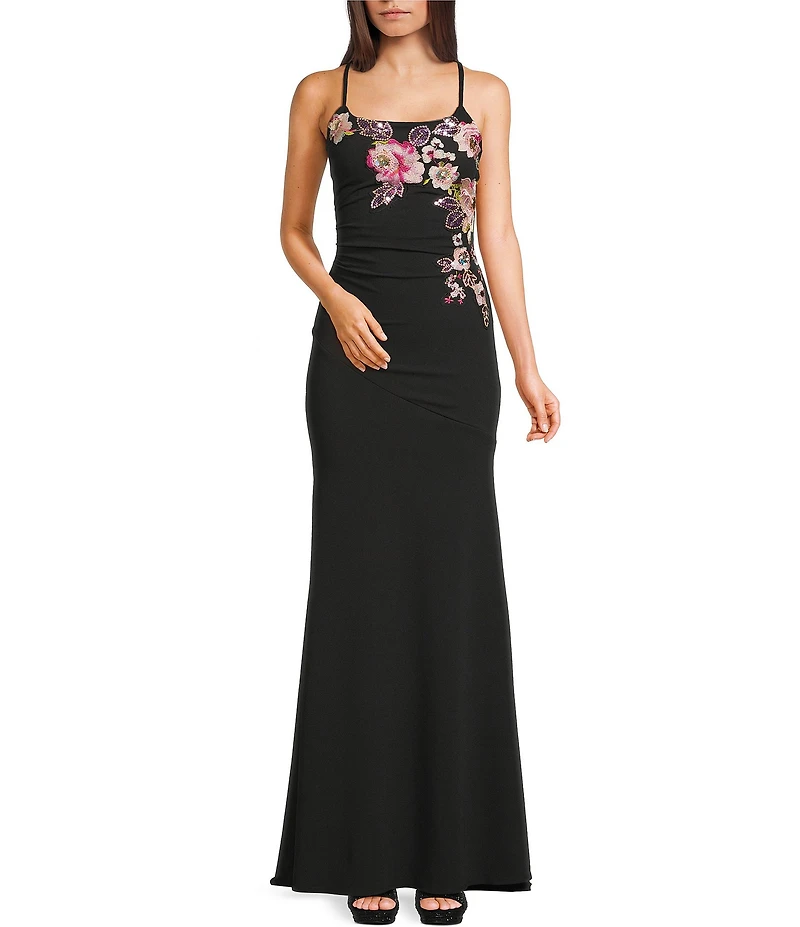 Honey and Rosie Floral Applique Scoop Neck Lace Up Back Dress