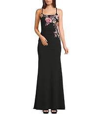 Honey and Rosie Floral Applique Scoop Neck Lace Up Back Dress