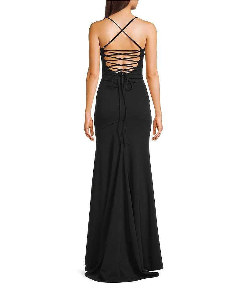 Honey and Rosie Floral Applique Scoop Neck Lace Up Back Dress