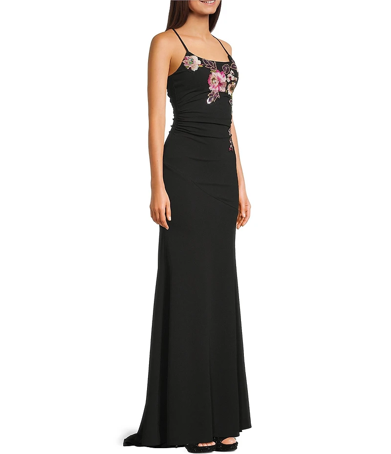 Honey and Rosie Floral Applique Scoop Neck Lace Up Back Dress