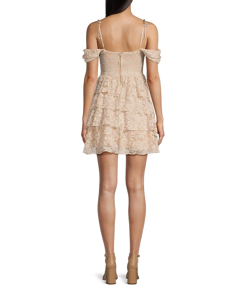 Honey and Rosie Floral Glitter Stretch Lace Tie Strap Sweetheart Neck Tiered Ruffle Dress