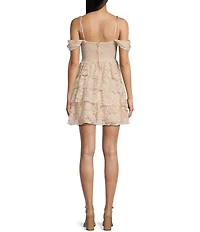 Honey and Rosie Floral Glitter Stretch Lace Tie Strap Sweetheart Neck Tiered Ruffle Dress