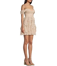 Honey and Rosie Floral Glitter Stretch Lace Tie Strap Sweetheart Neck Tiered Ruffle Dress