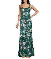 Honey and Rosie Floral Patterned Sequin Scoop Neck & Back Flared Hem Dress