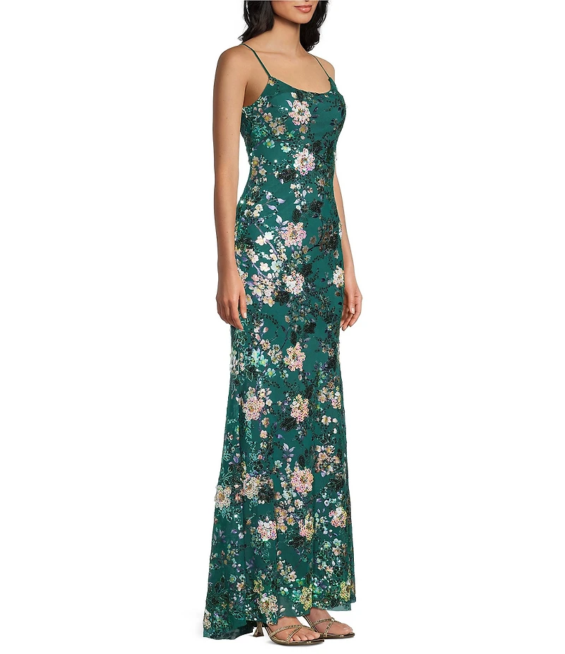 Honey and Rosie Floral Patterned Sequin Scoop Neck & Back Flared Hem Dress