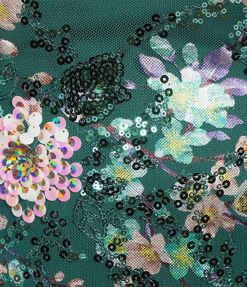 Honey and Rosie Floral Patterned Sequin Scoop Neck & Back Flared Hem Dress