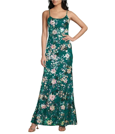 Honey and Rosie Floral Patterned Sequin Scoop Neck & Back Flared Hem Long Dress