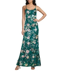 Honey and Rosie Floral Patterned Sequin Scoop Neck & Back Flared Hem Long Dress