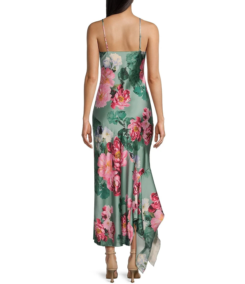 Honey and Rosie Floral Print Satin Slip V-Neck Handkerchief Hem Dress