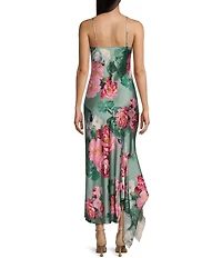 Honey and Rosie Floral Print Satin Slip V-Neck Handkerchief Hem Dress