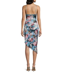 Honey and Rosie Floral Print Stretch Satin Cowl Neck Corset Inspired Asymmetrical Hem Dress