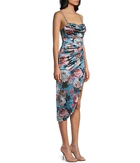 Honey and Rosie Floral Print Stretch Satin Cowl Neck Corset Inspired Asymmetrical Hem Dress