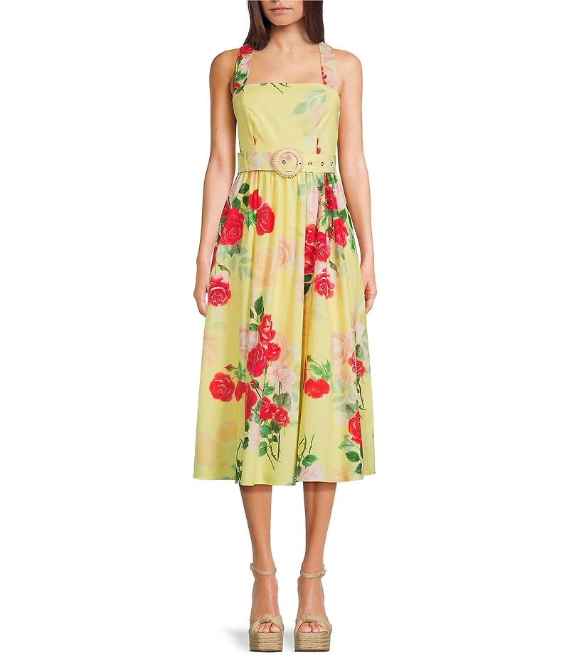 Honey and Rosie Floral Printed Belted Criss Cross Back Midi Dress