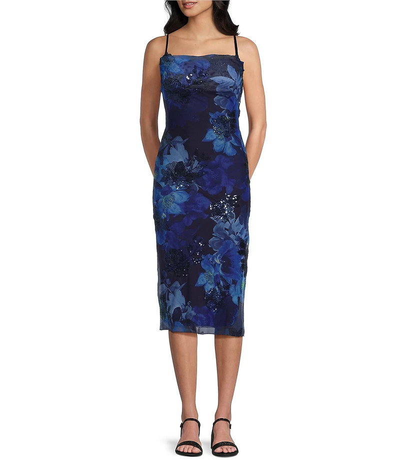 Honey and Rosie Floral Printed Burnout Lace Trim Bodycon Midi Dress