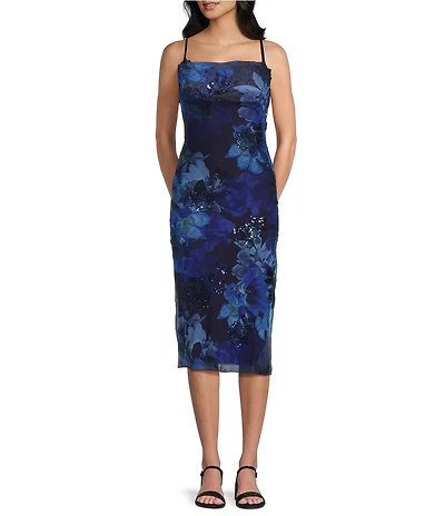 Honey and Rosie Floral Printed Burnout Lace Trim Bodycon Midi Dress