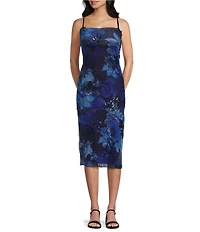Honey and Rosie Floral Printed Burnout Lace Trim Bodycon Midi Dress