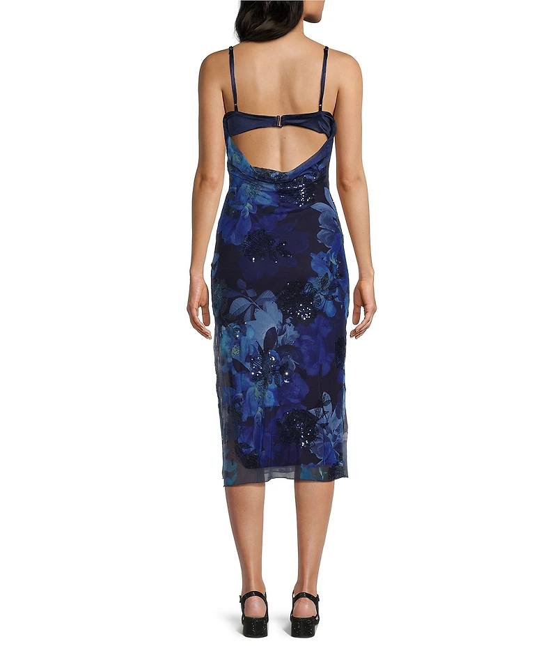 Honey and Rosie Floral Printed Burnout Lace Trim Bodycon Midi Dress