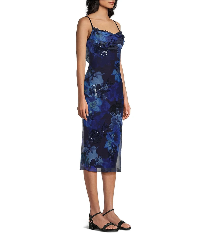 Honey and Rosie Floral Printed Burnout Lace Trim Bodycon Midi Dress