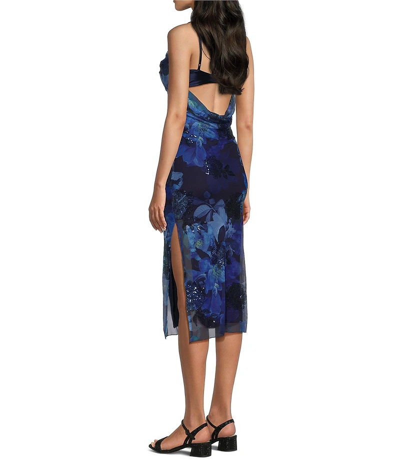 Honey and Rosie Floral Printed Burnout Lace Trim Bodycon Midi Dress