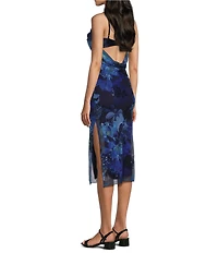 Honey and Rosie Floral Printed Burnout Lace Trim Bodycon Midi Dress