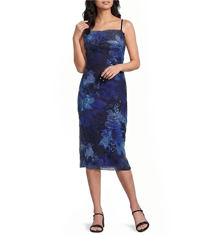 Honey and Rosie Floral Printed Burnout Lace Trim Bodycon Midi Dress