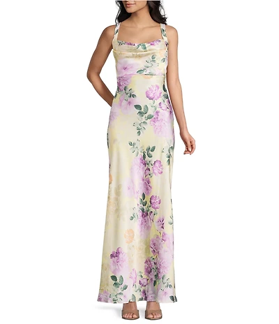 Honey and Rosie Floral Printed Cowl Neck Halter Lace Up Back Dress