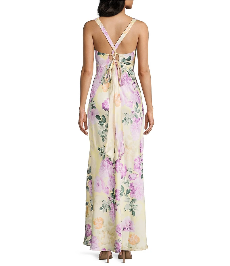 Honey and Rosie Floral Printed Cowl Neck Halter Lace Up Back Dress
