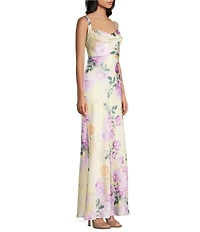 Honey and Rosie Floral Printed Cowl Neck Halter Lace Up Back Dress