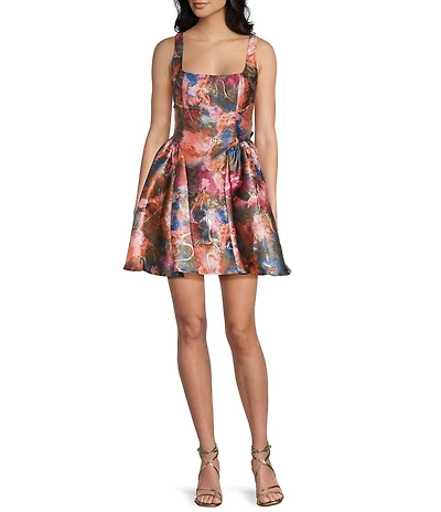 Honey and Rosie Floral Printed Jacquard Square Neck Tie Bow Back Fit-And-Flare Dress