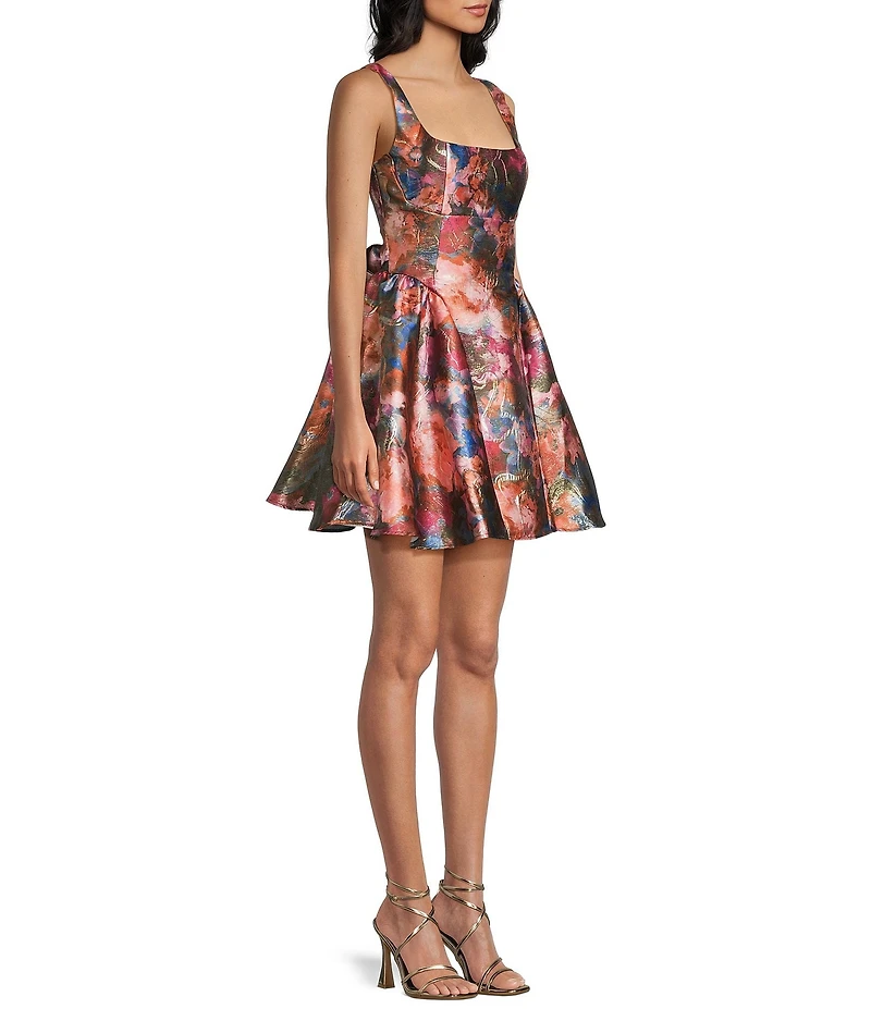 Honey and Rosie Floral Printed Jacquard Square Neck Tie Bow Back Fit-And-Flare Dress