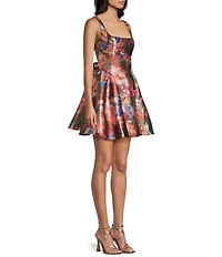 Honey and Rosie Floral Printed Jacquard Square Neck Tie Bow Back Fit-And-Flare Dress