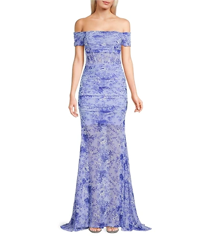 Honey and Rosie Floral Printed Mesh Off The Shoulder Corseted Shirred Dress