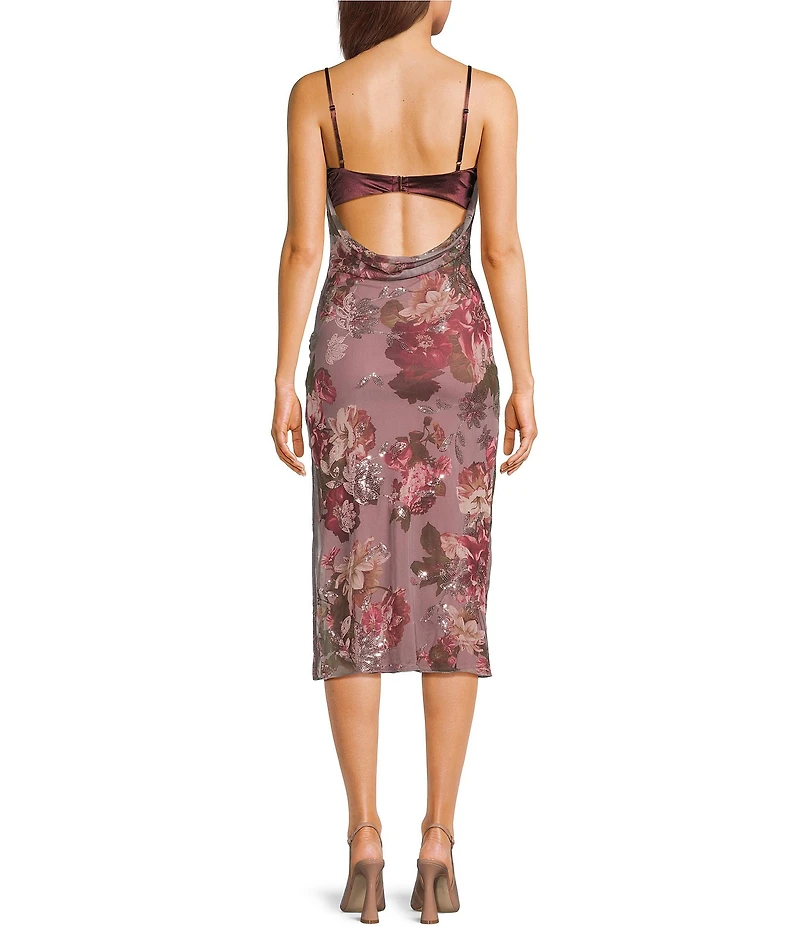 Honey and Rosie Floral Printed Mesh Sequin Lace Trim Cowl Neck Open Drape Back Midi Dress
