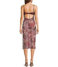 Honey and Rosie Floral Printed Mesh Sequin Lace Trim Cowl Neck Open Drape Back Midi Dress