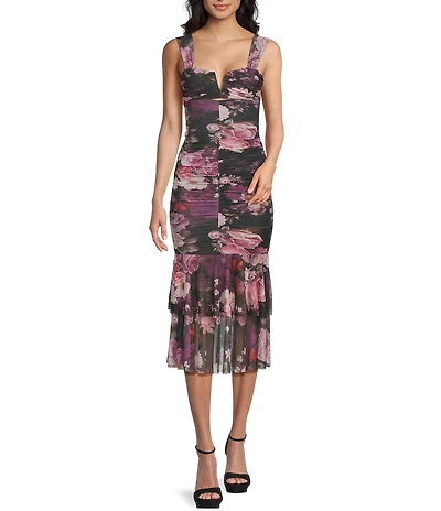 Honey and Rosie Floral Printed Mesh V-Notch Neck Ruffle Hem Midi Dress