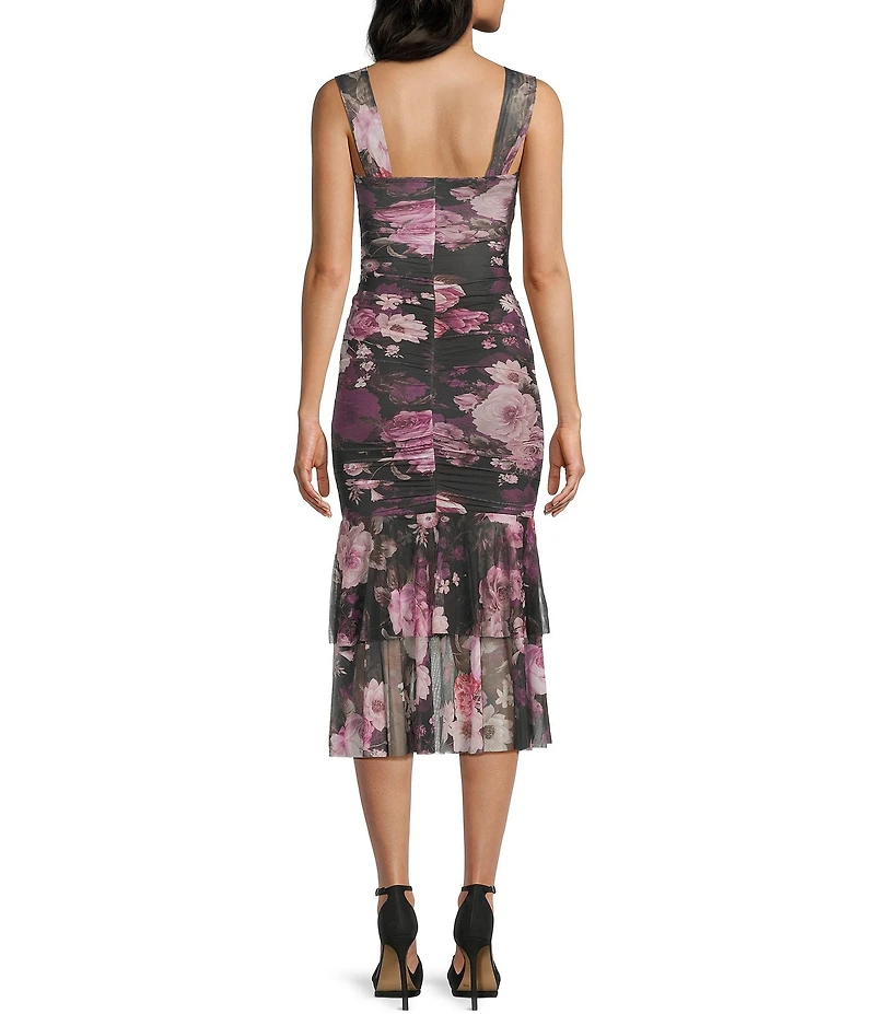 Honey and Rosie Floral Printed Mesh V-Notch Neck Ruffle Hem Midi Dress
