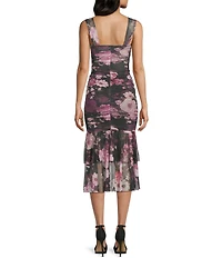 Honey and Rosie Floral Printed Mesh V-Notch Neck Ruffle Hem Midi Dress