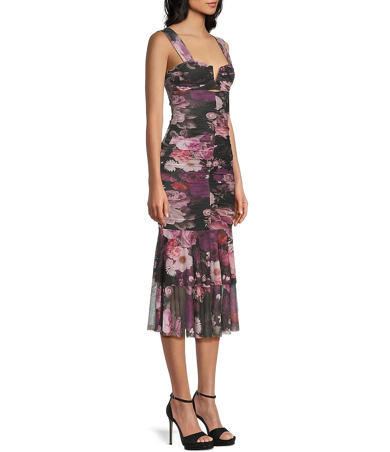Honey and Rosie Floral Printed Mesh V-Notch Neck Ruffle Hem Midi Dress