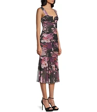 Honey and Rosie Floral Printed Mesh V-Notch Neck Ruffle Hem Midi Dress