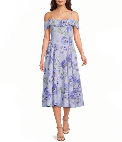 Honey and Rosie Floral Printed Off The Shoulder Toe Back Fit And Flare Midi Dress