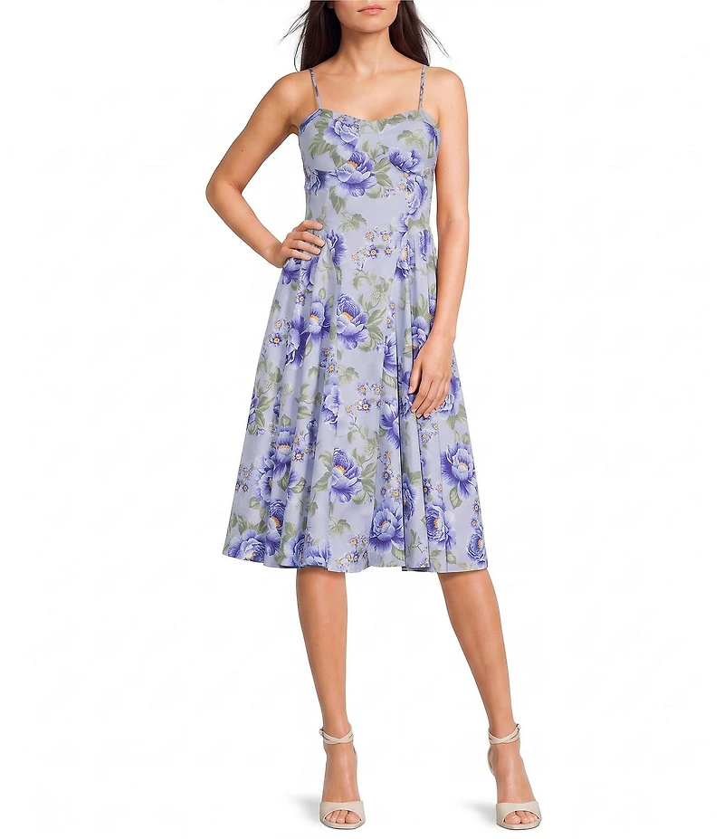 Honey and Rosie Floral Printed Sweetheart Neck Side Godet Midi Dress