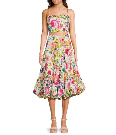 Honey and Rosie Floral Printed Top & Coordinating Tiered Bubble Hem Skirt Set